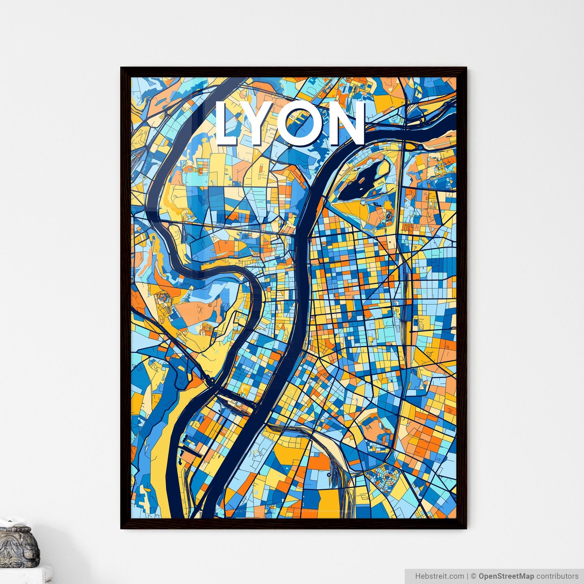 LYON FRANCE Vibrant Colorful Art Map Poster Blue Orange