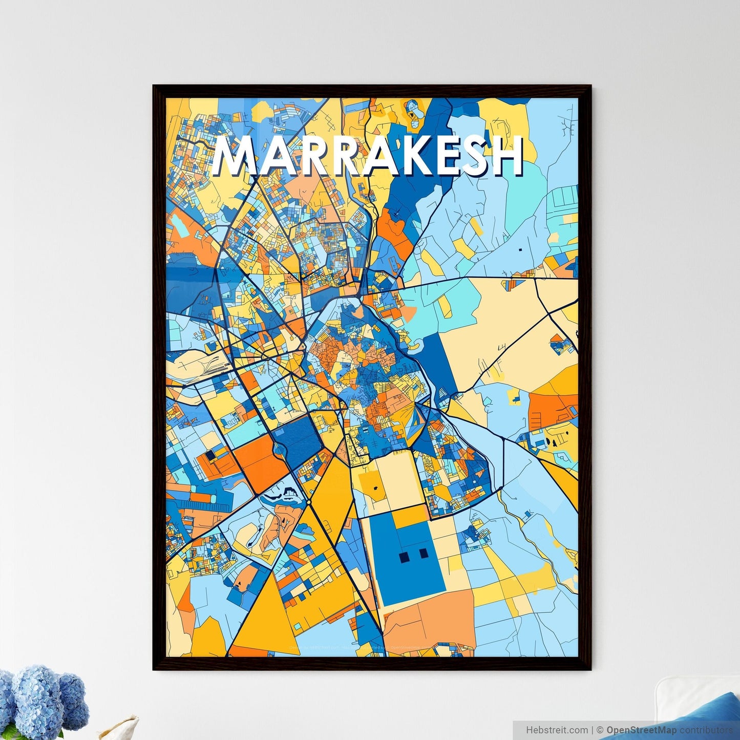MARRAKESH MOROCCO Vibrant Colorful Art Map Poster Blue Orange