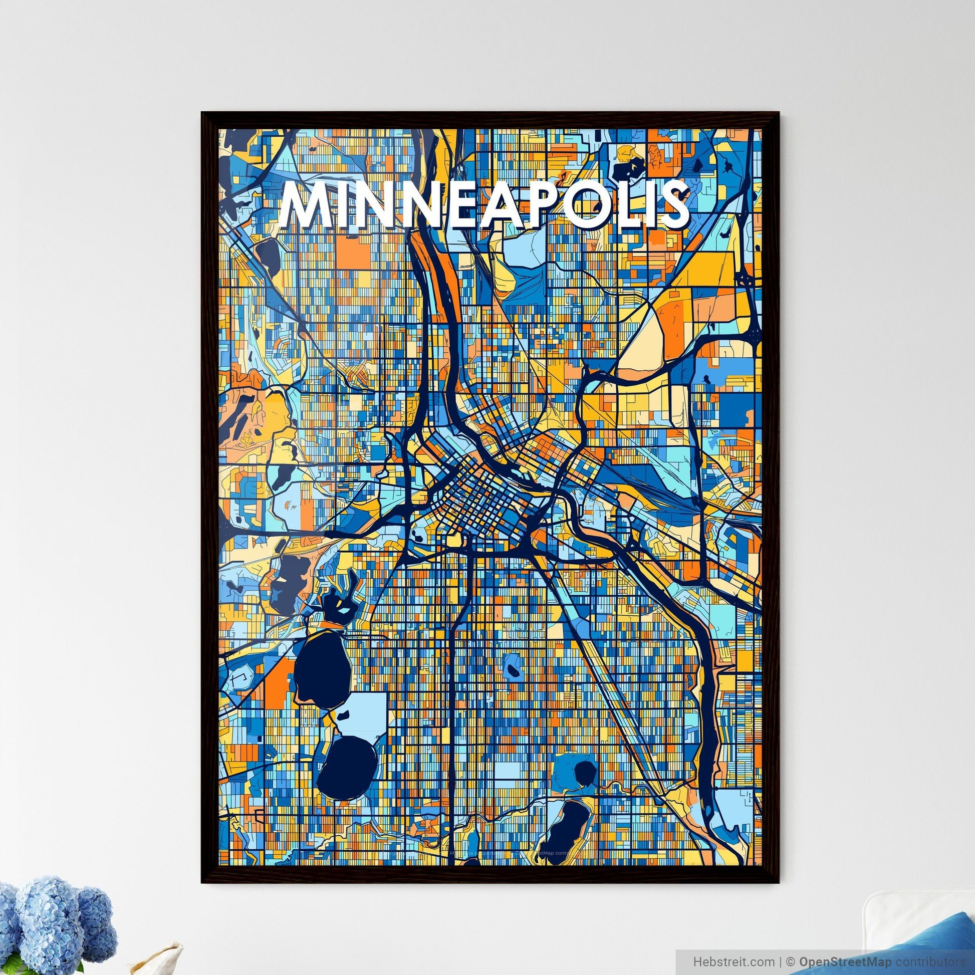 MINNEAPOLIS MINNESOTA Vibrant Colorful Art Map Poster Blue Orange