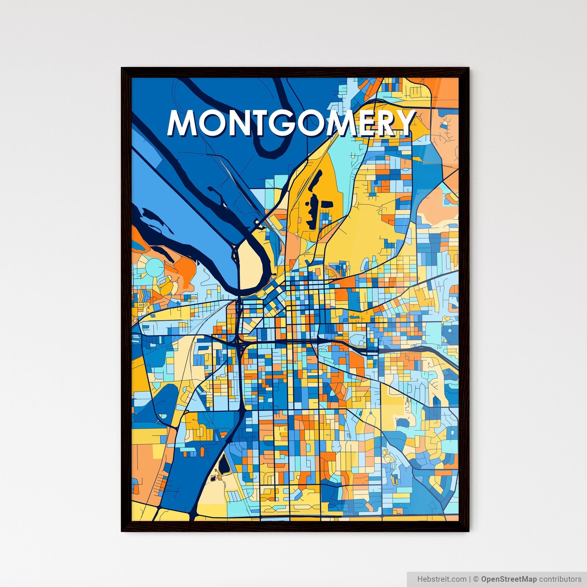 MONTGOMERY ALABAMA Vibrant Colorful Art Map Poster Blue Orange