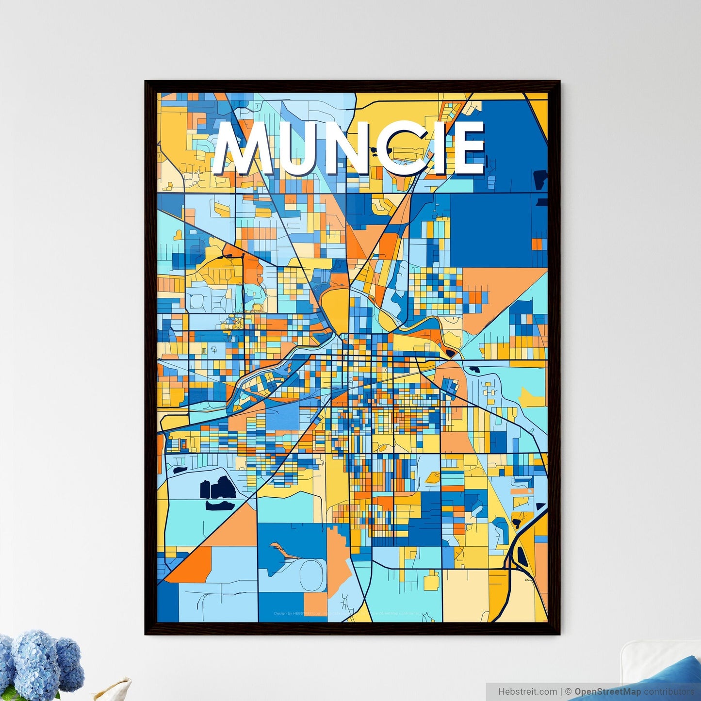 MUNCIE INDIANA Vibrant Colorful Art Map Poster Blue Orange