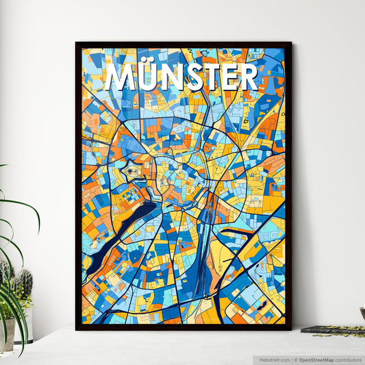 MÜNSTER GERMANY Vibrant Colorful Art Map Poster Blue Orange