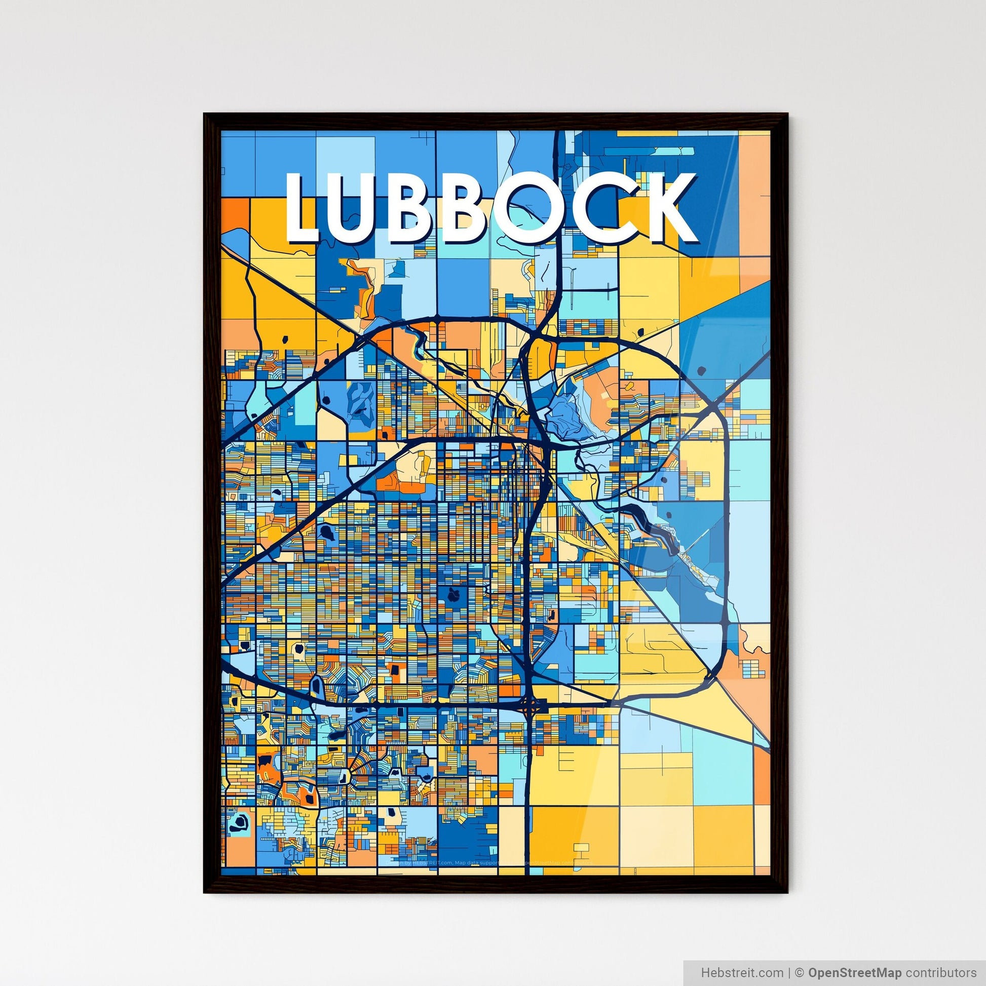 LUBBOCK TEXAS Vibrant Colorful Art Map Poster Blue Orange