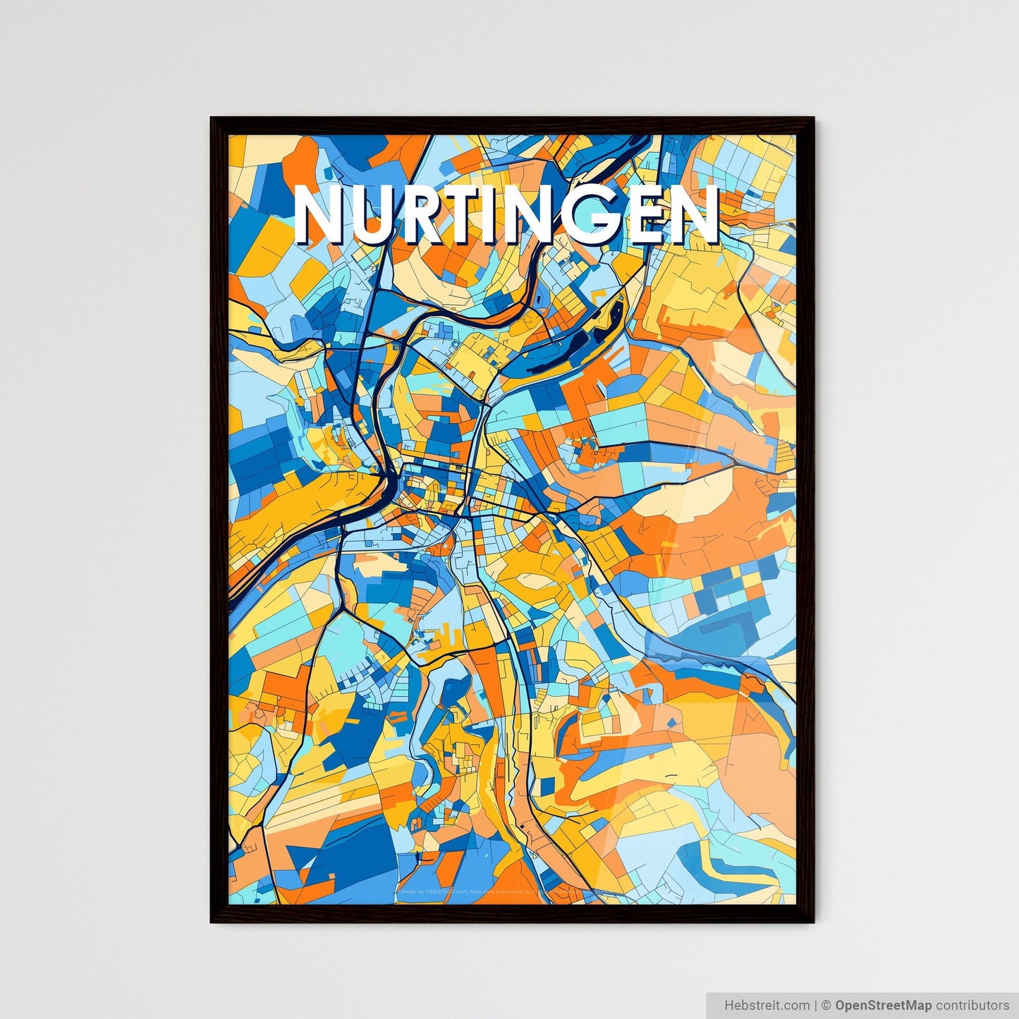 NURTINGEN GERMANY Vibrant Colorful Art Map Poster Blue Orange