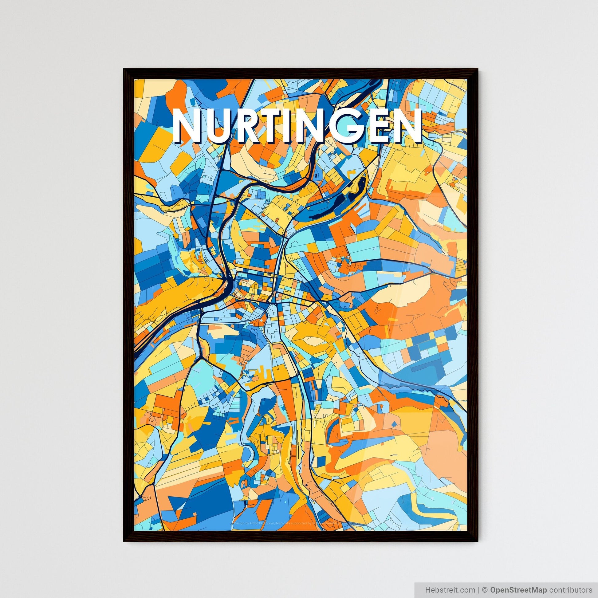 NURTINGEN GERMANY Vibrant Colorful Art Map Poster Blue Orange