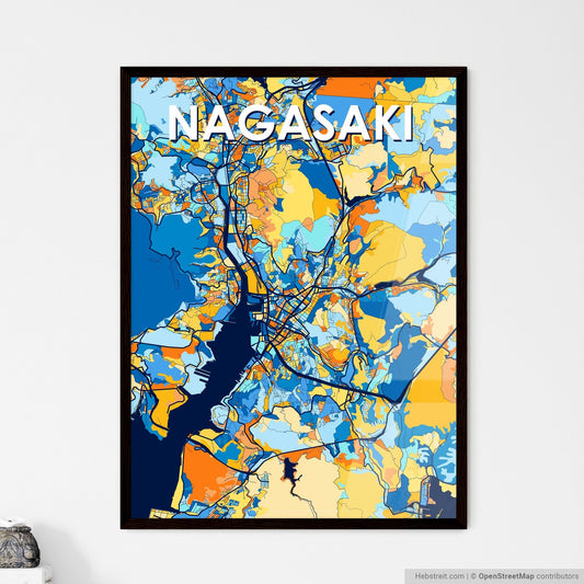 NAGASAKI JAPAN Vibrant Colorful Art Map Poster Blue Orange