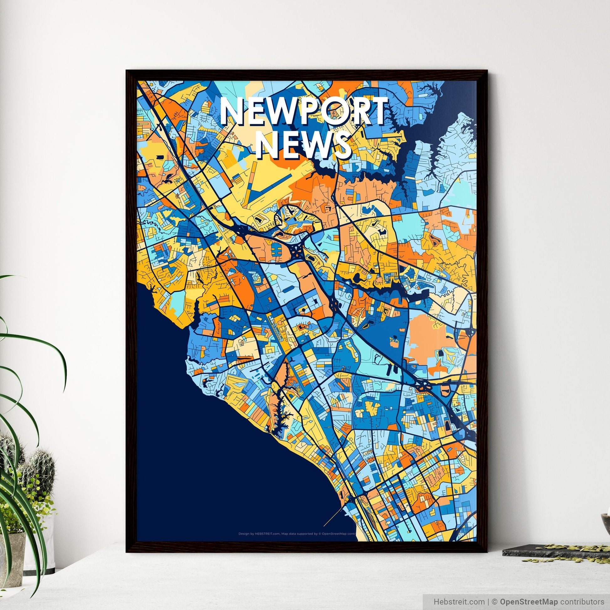 NEWPORT NEWS VIRGINIA Vibrant Colorful Art Map Poster Blue Orange