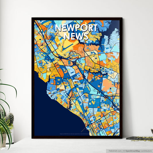NEWPORT NEWS VIRGINIA Vibrant Colorful Art Map Poster Blue Orange