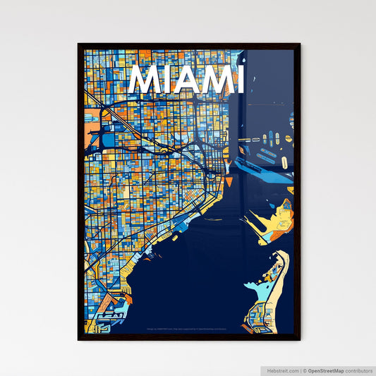 MIAMI FLORIDA Vibrant Colorful Art Map Poster Blue Orange