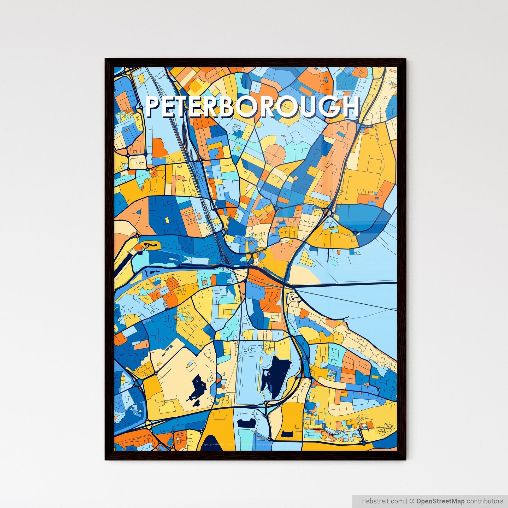 PETERBOROUGH ENGLAND Vibrant Colorful Art Map Poster Blue Orange