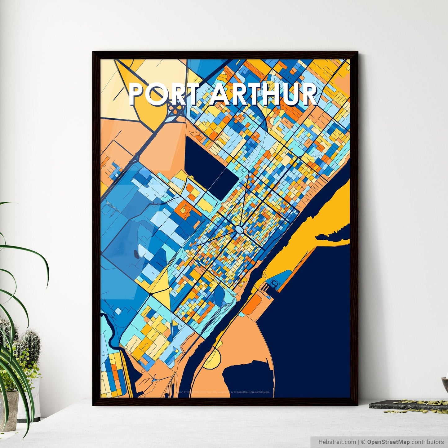 PORT ARTHUR TEXAS Vibrant Colorful Art Map Poster Blue Orange