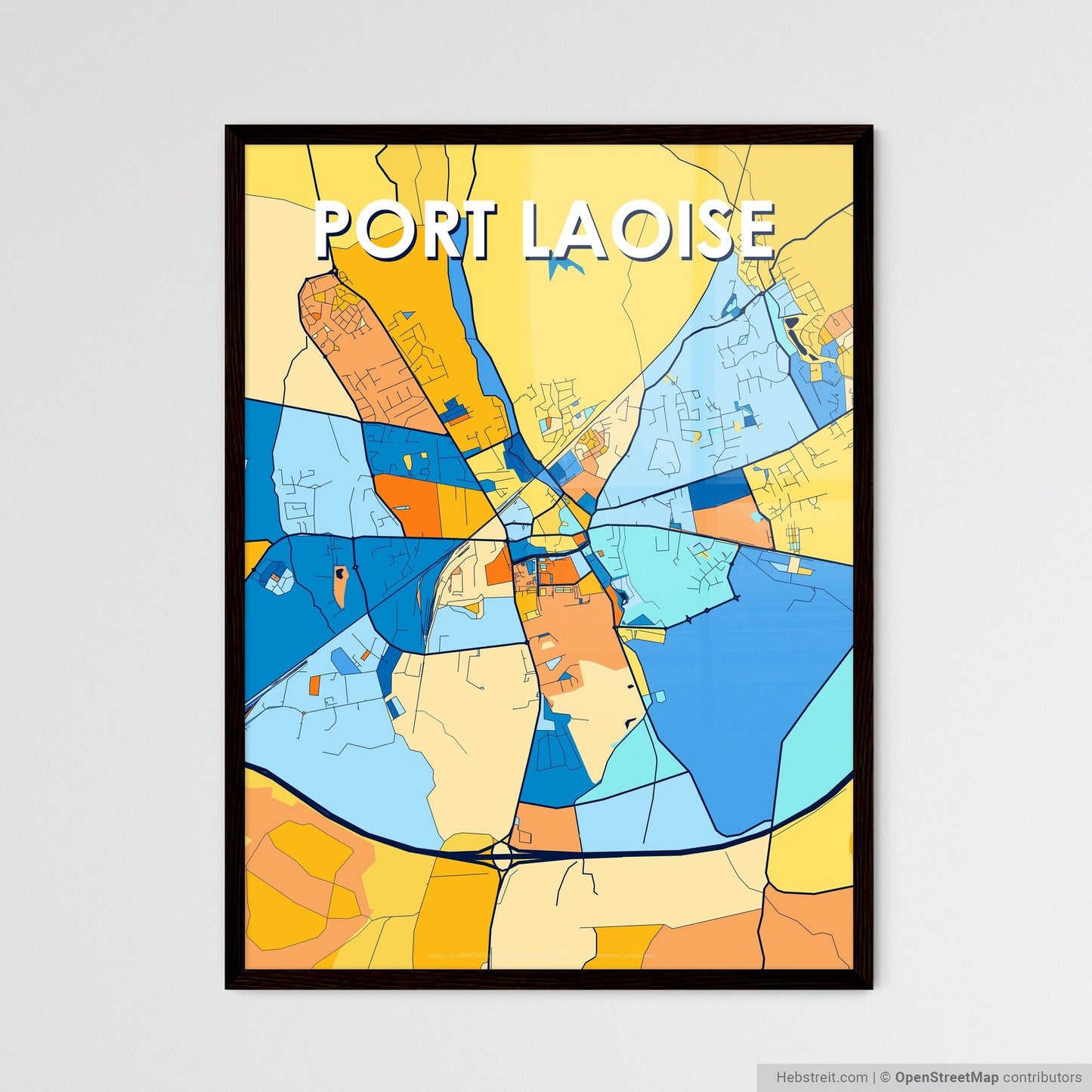 PORT LAOISE IRELAND Vibrant Colorful Art Map Poster Blue Orange
