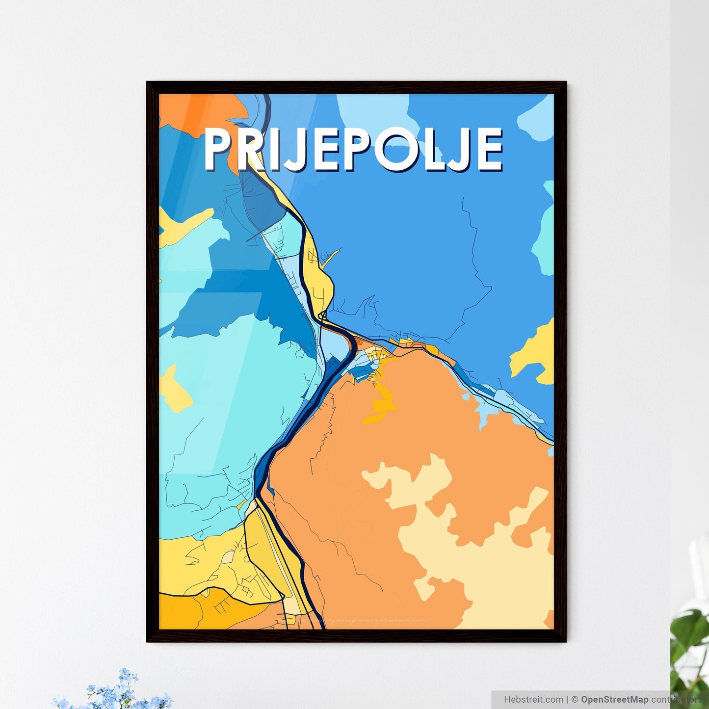 PRIJEPOLJE SERBIA Vibrant Colorful Art Map Poster Blue Orange