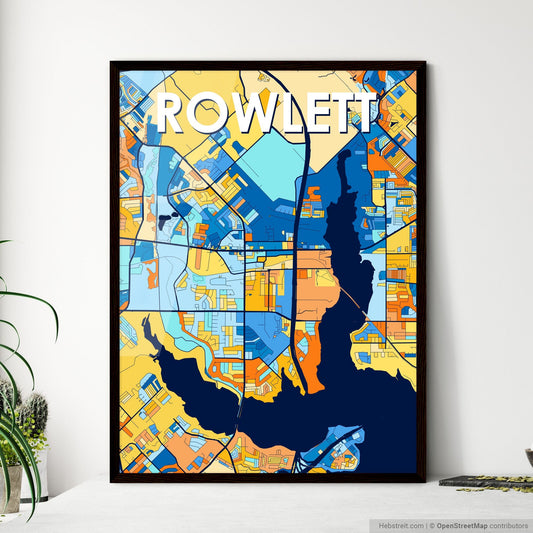 ROWLETT TEXAS Vibrant Colorful Art Map Poster Blue Orange