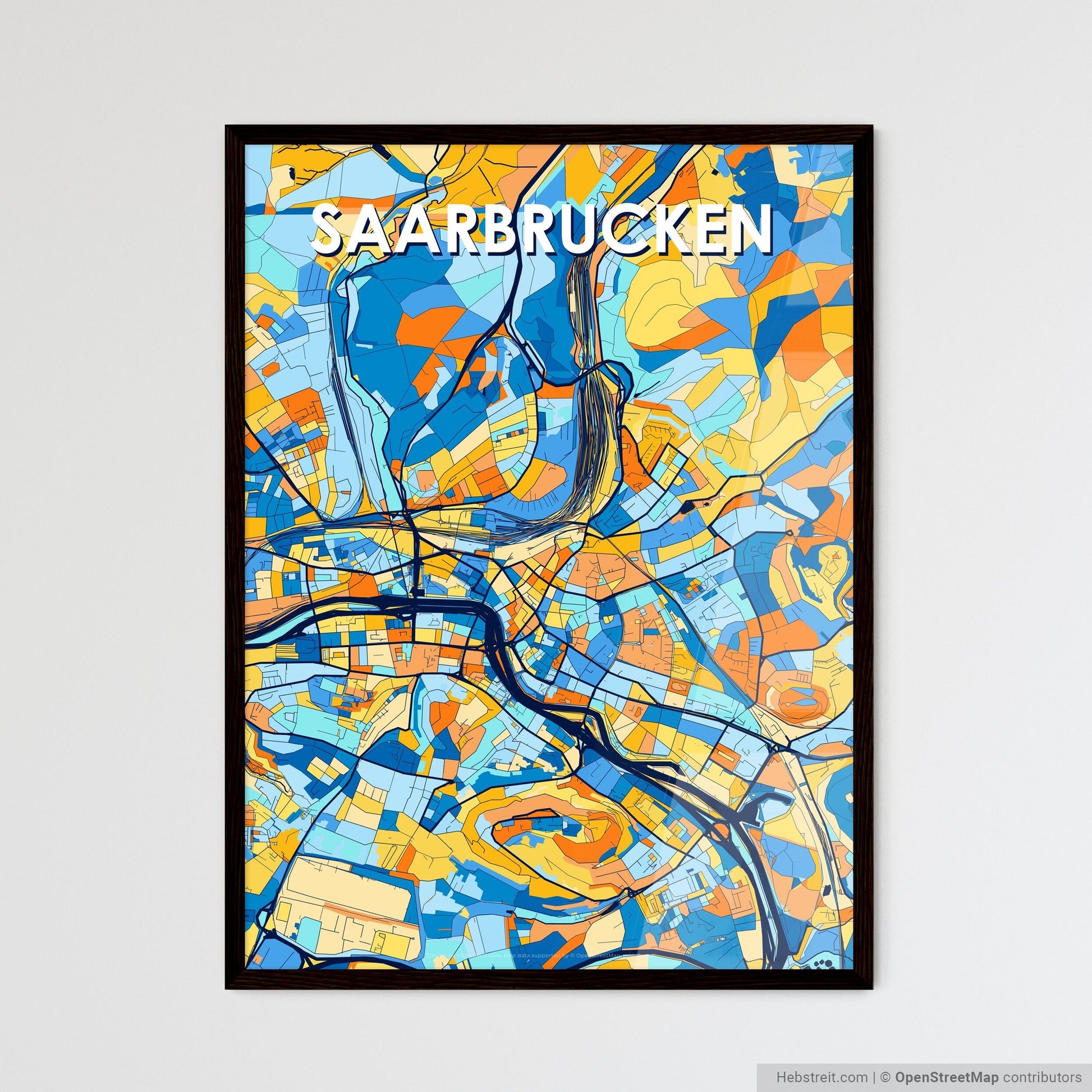 SAARBRUCKEN GERMANY Vibrant Colorful Art Map Poster Blue Orange