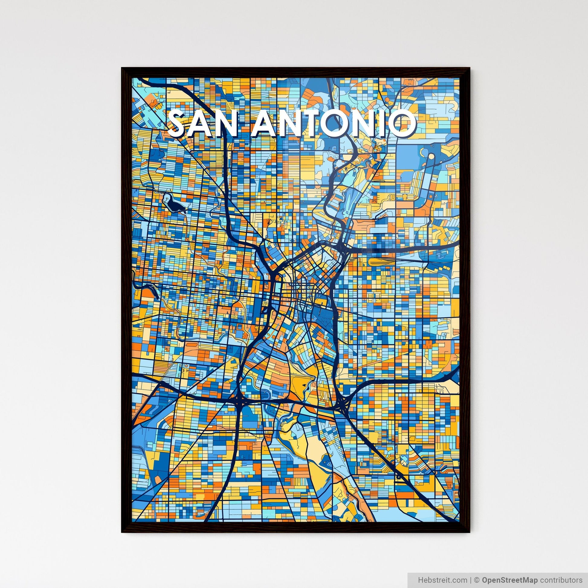 SAN ANTONIO TEXAS Vibrant Colorful Art Map Poster Blue Orange