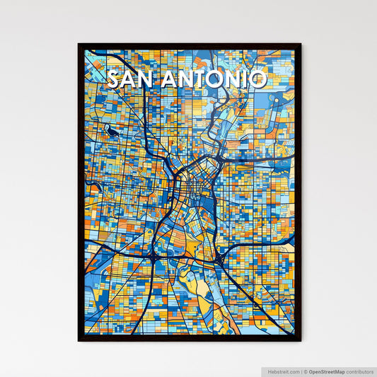SAN ANTONIO TEXAS Vibrant Colorful Art Map Poster Blue Orange