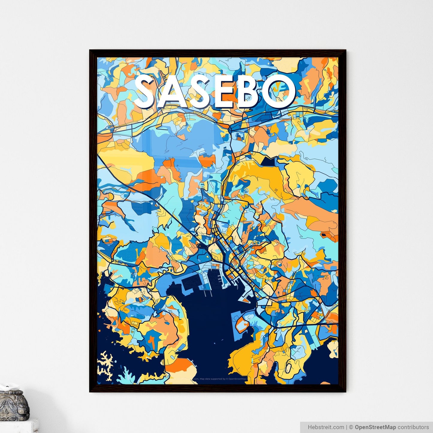 SASEBO JAPAN Vibrant Colorful Art Map Poster Blue Orange