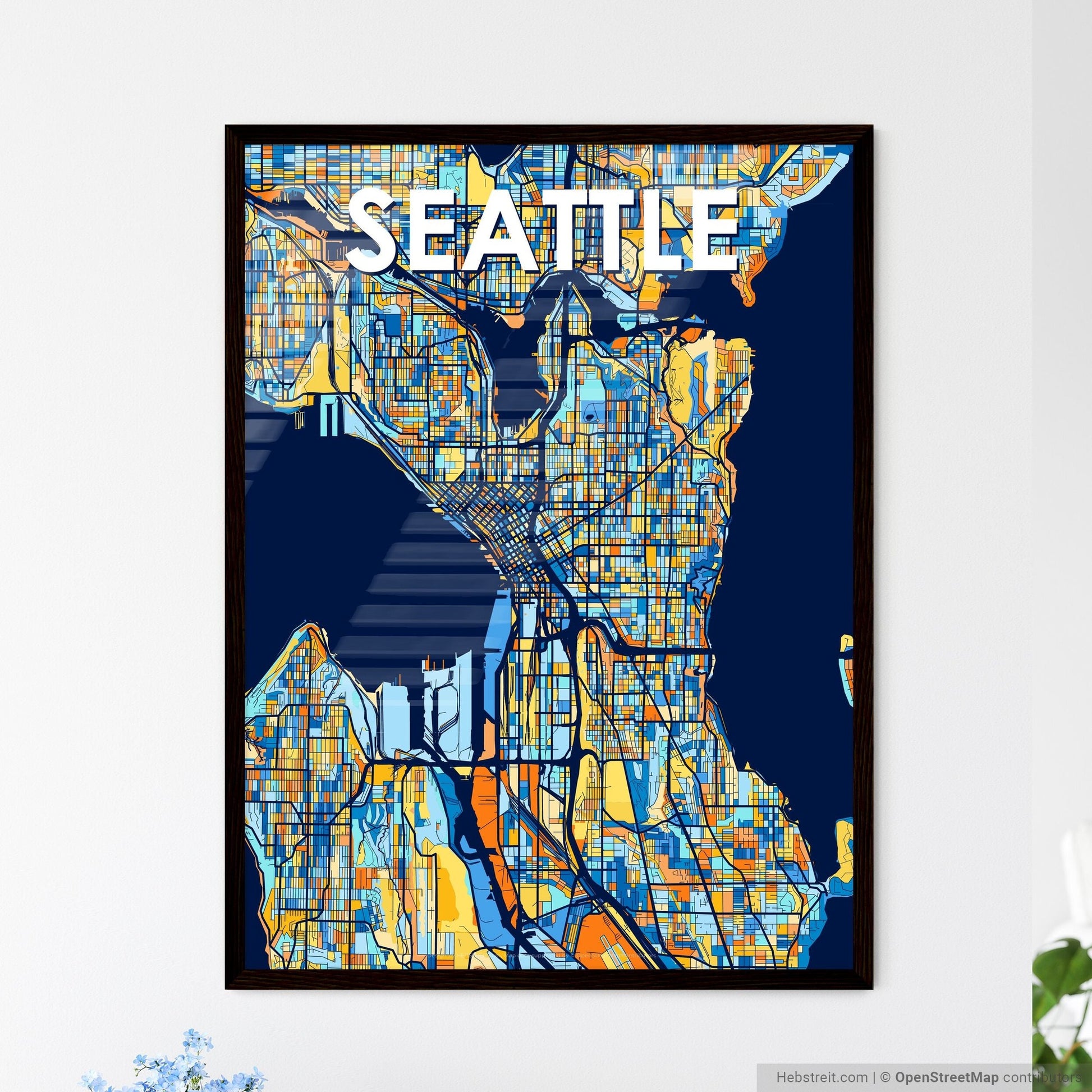 SEATTLE WASHINGTON Vibrant Colorful Art Map Poster Blue Orange
