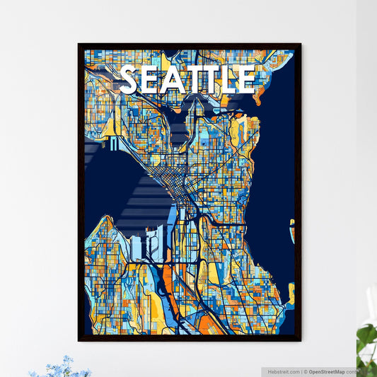 SEATTLE WASHINGTON Vibrant Colorful Art Map Poster Blue Orange