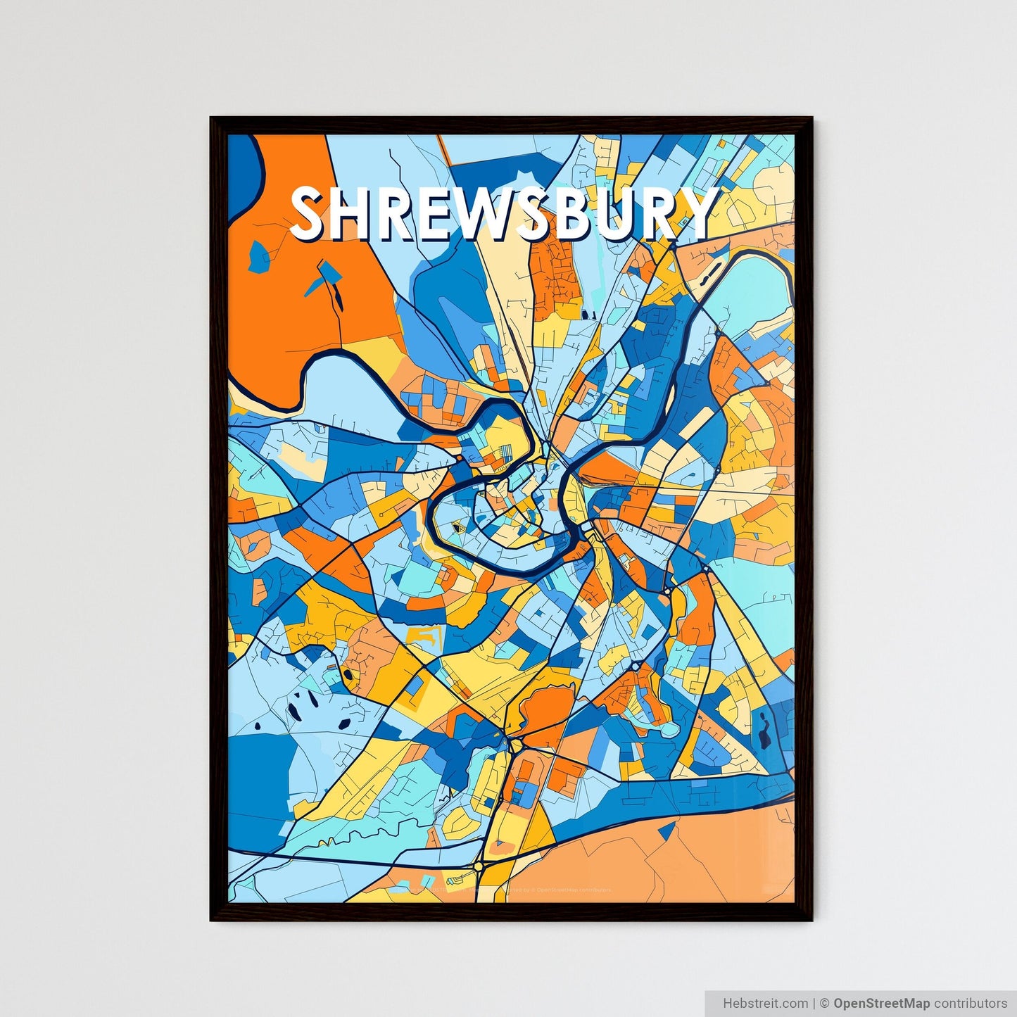 SHREWSBURY ENGLAND Vibrant Colorful Art Map Poster Blue Orange