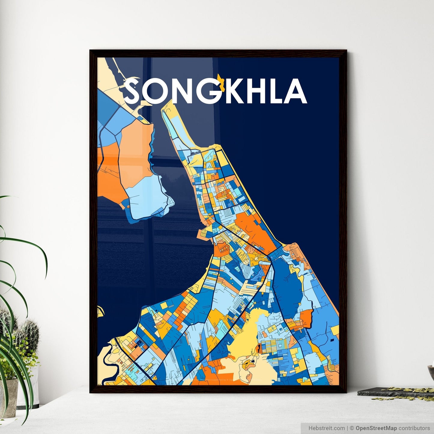 SONGKHLA THAILAND Vibrant Colorful Art Map Poster Blue Orange