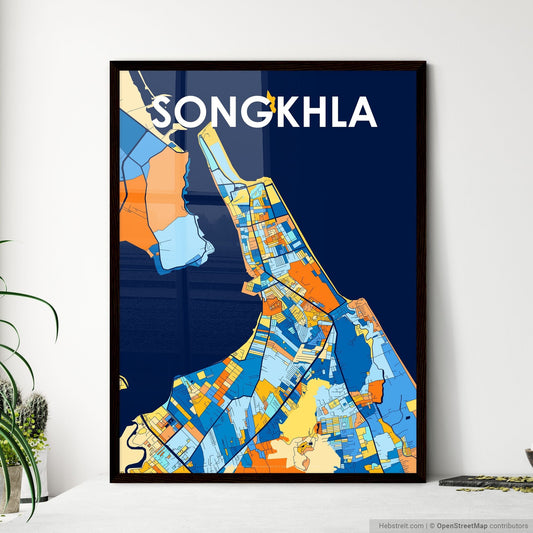SONGKHLA THAILAND Vibrant Colorful Art Map Poster Blue Orange