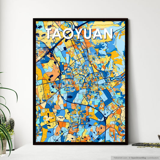 TAOYUAN TAIWAN Vibrant Colorful Art Map Poster Blue Orange