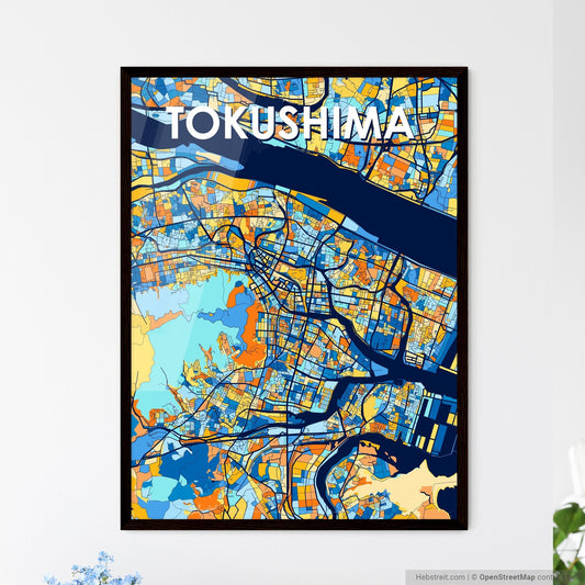TOKUSHIMA JAPAN Vibrant Colorful Art Map Poster Blue Orange
