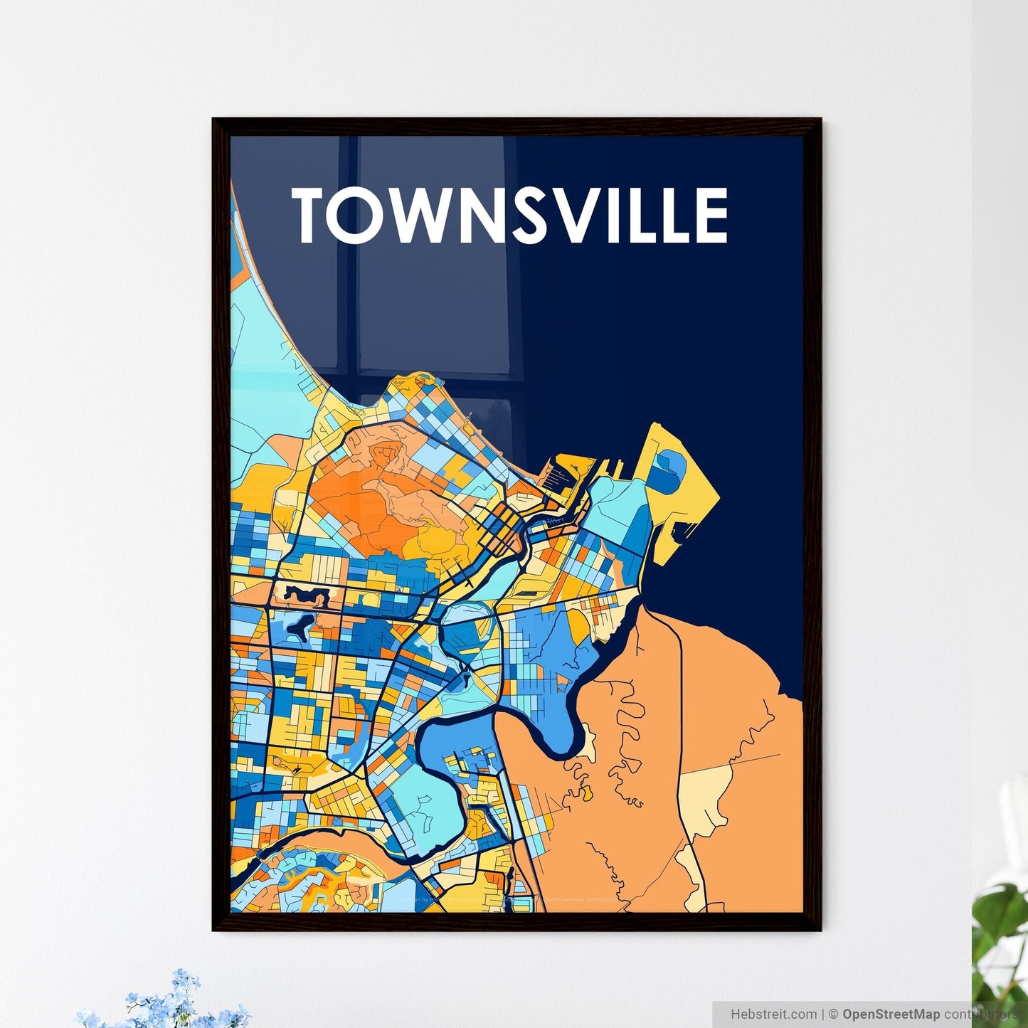 TOWNSVILLE AUSTRALIA Vibrant Colorful Art Map Poster Blue Orange