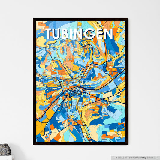 TUBINGEN GERMANY Vibrant Colorful Art Map Poster Blue Orange