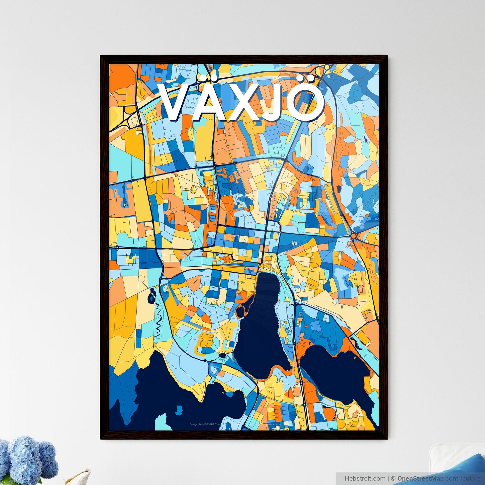 VÄXJÖ SWEDEN Vibrant Colorful Art Map Poster Blue Orange