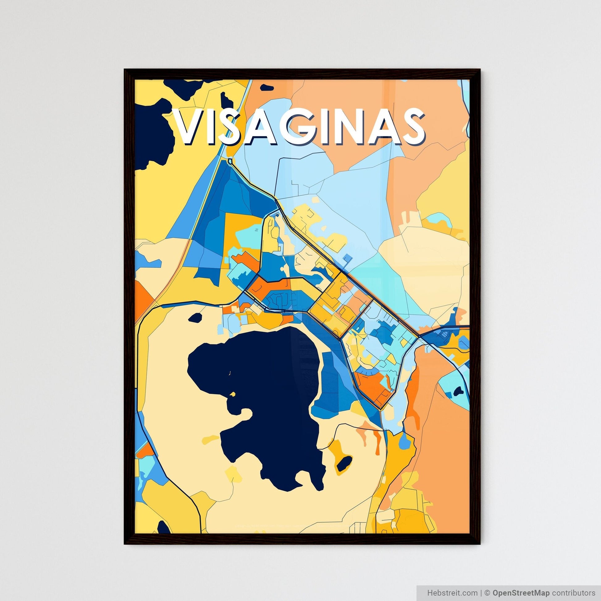 VISAGINAS LITHUANIA Vibrant Colorful Art Map Poster Blue Orange