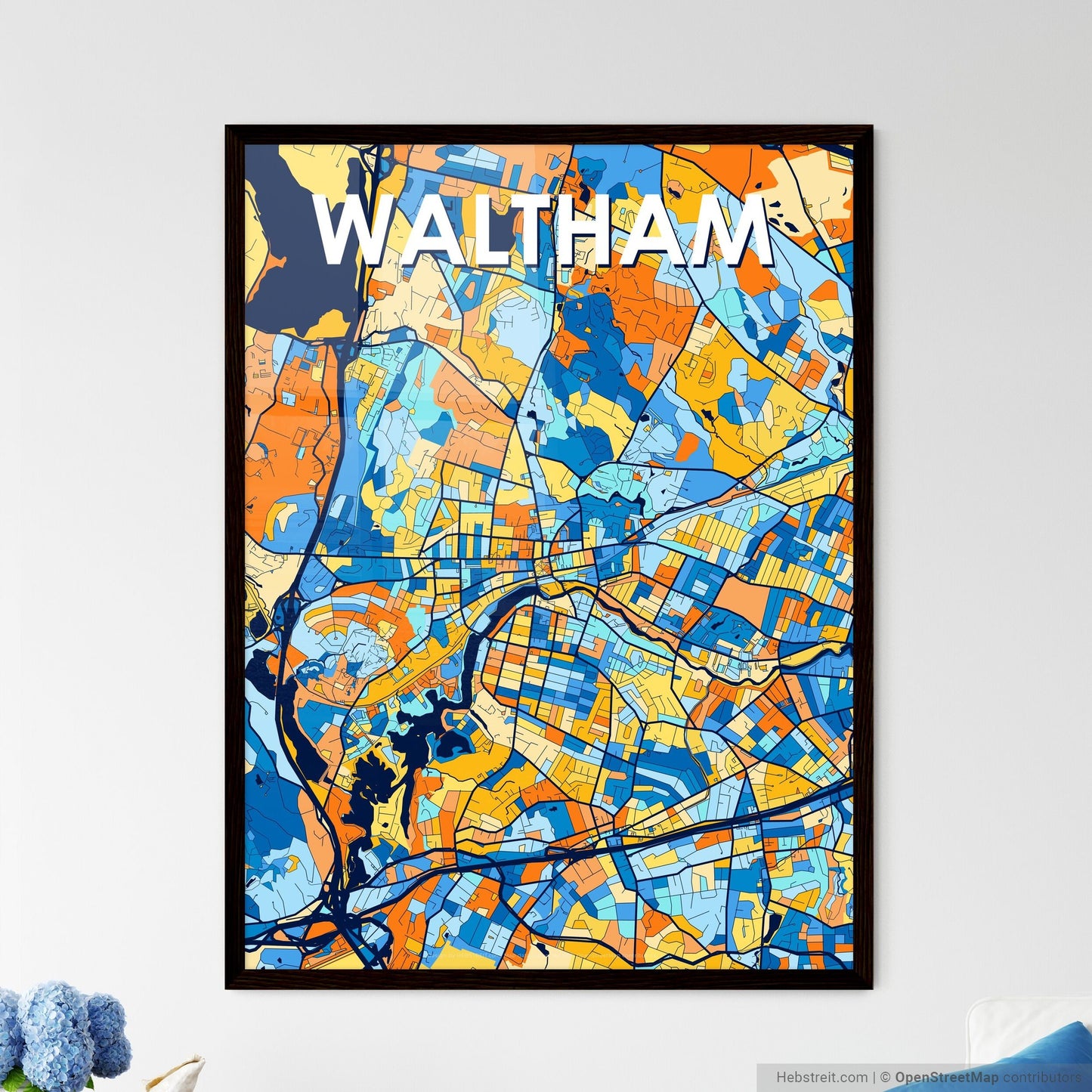 WALTHAM MASSACHUSETTS Vibrant Colorful Art Map Poster Blue Orange
