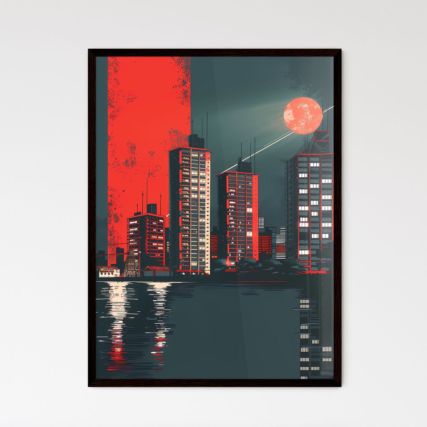 Art Deco Communist City Skyline: Propaganda, Retro Futurism, Hyperpop, Blockchain, Minimalism, Red Moon Framed Art