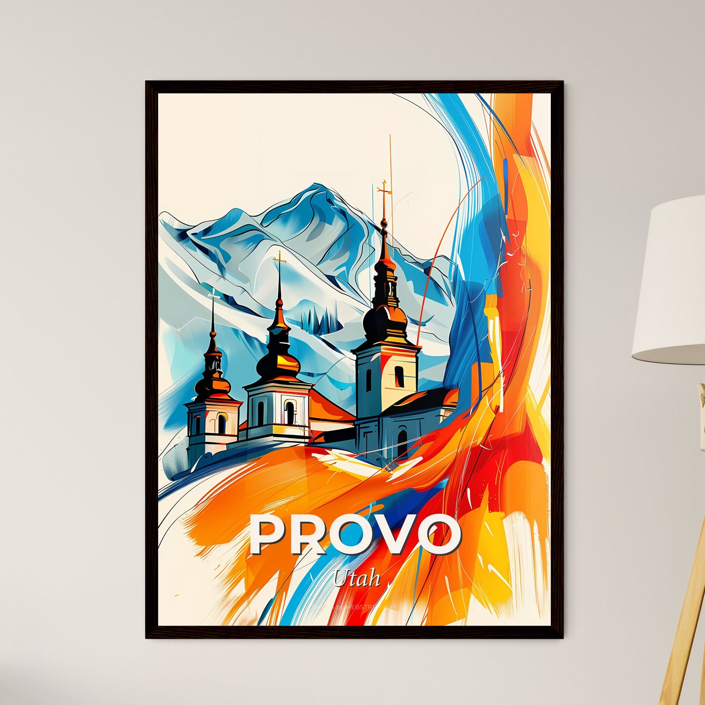 Vibrant Provo, Utah - A Painting Of A Building With A Mountain In The Background