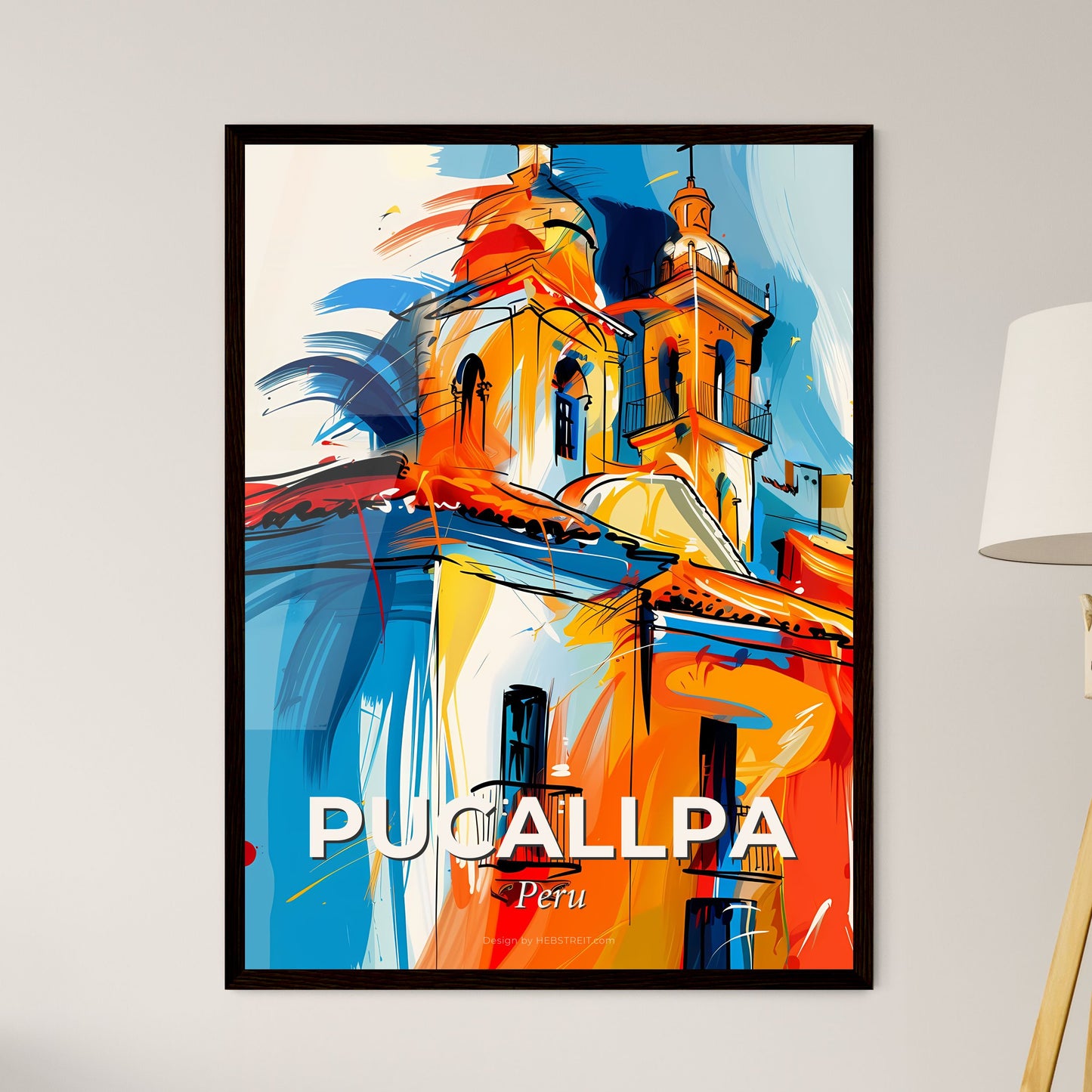 Vibrant Pucallpa, Peru - A Painting Of A Building With A Tower And A Cross