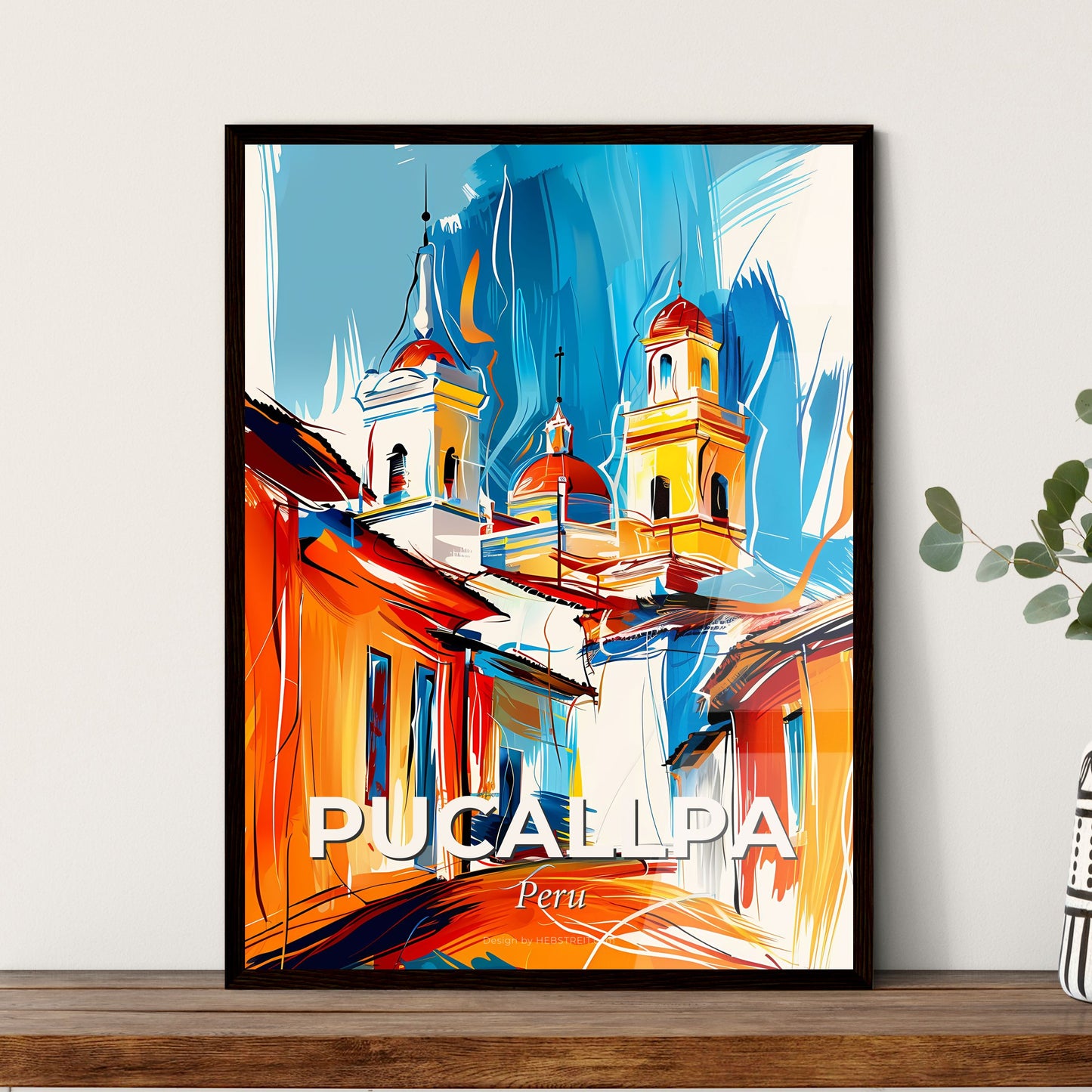 Vibrant Pucallpa, Peru - A Painting Of A Building With A Steeple