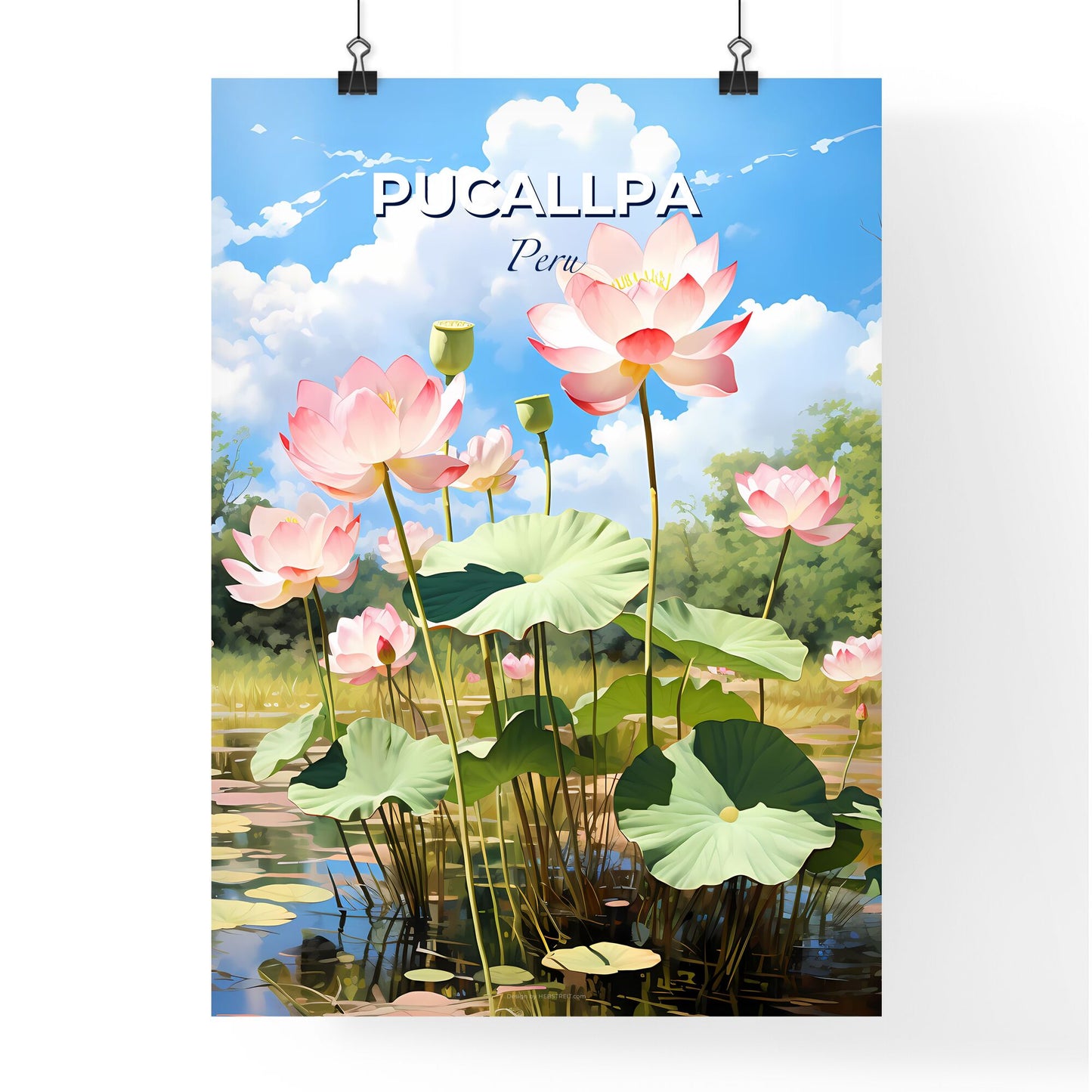 Pucallpa Peru Skyline Oil Painting Canvas Pink Flowers on Pond Vibrant Art Default Title