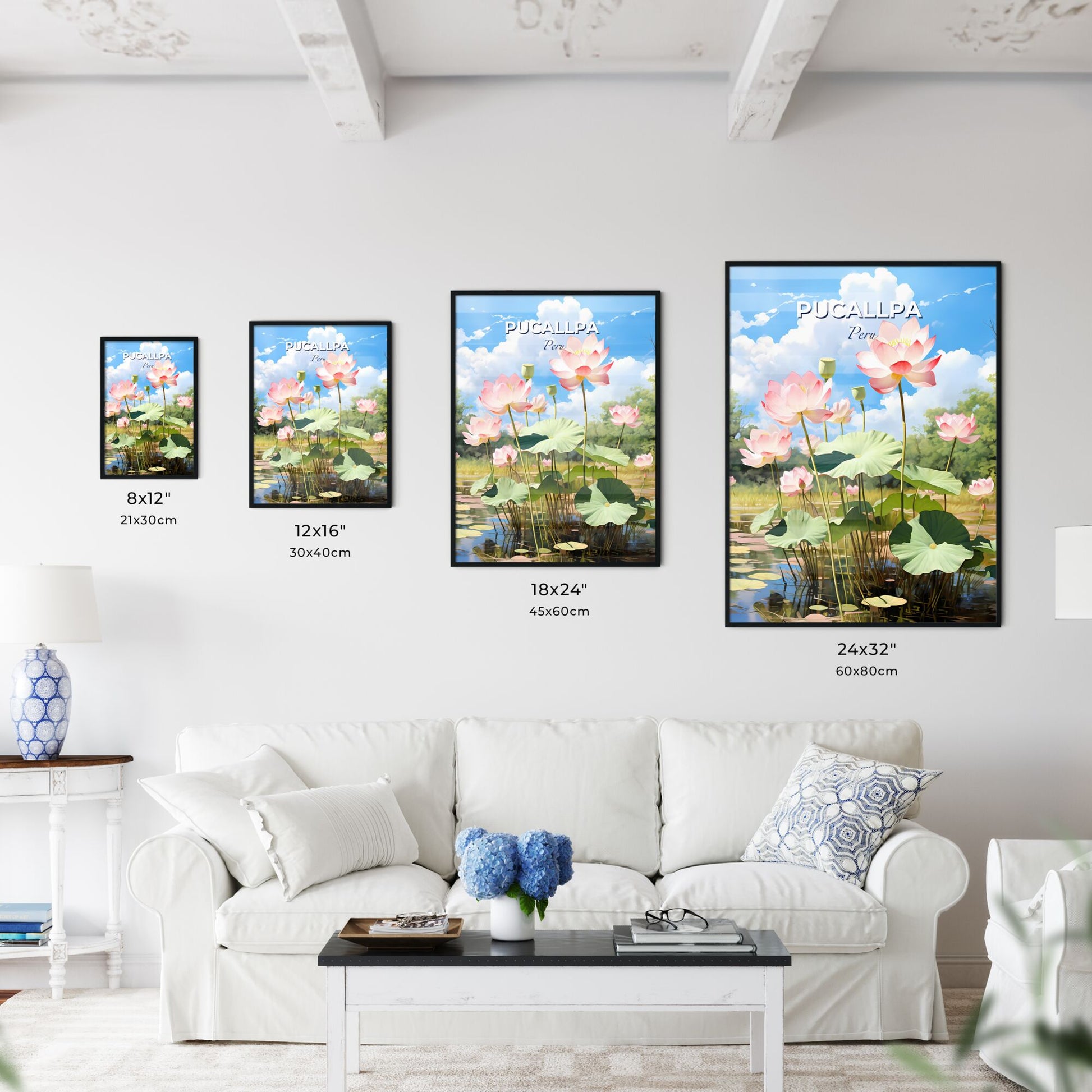 Pucallpa Peru Skyline Oil Painting Canvas Pink Flowers on Pond Vibrant Art Default Title