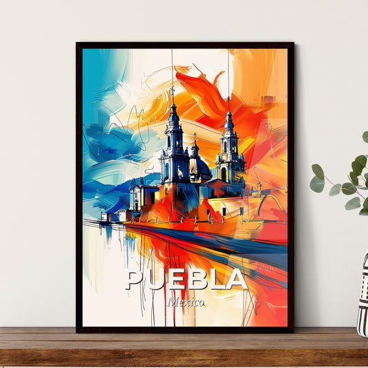 Vibrant Puebla, Mexico - A Painting Of A Building With Towers