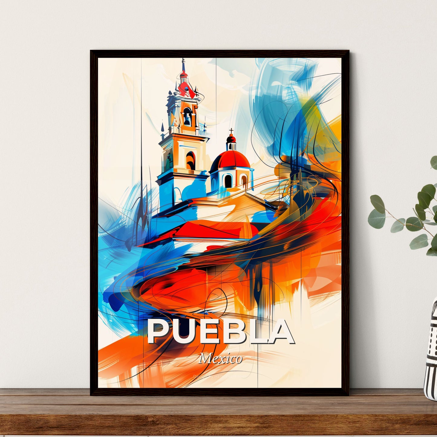 Vibrant Puebla, Mexico - A Painting Of A Building With A Red Roof And Blue And Orange Colors