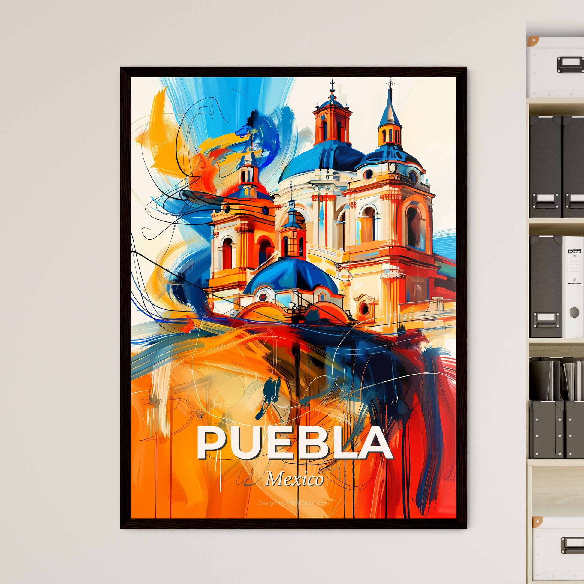 Vibrant Puebla, Mexico - A Painting Of A Building With Blue Domes