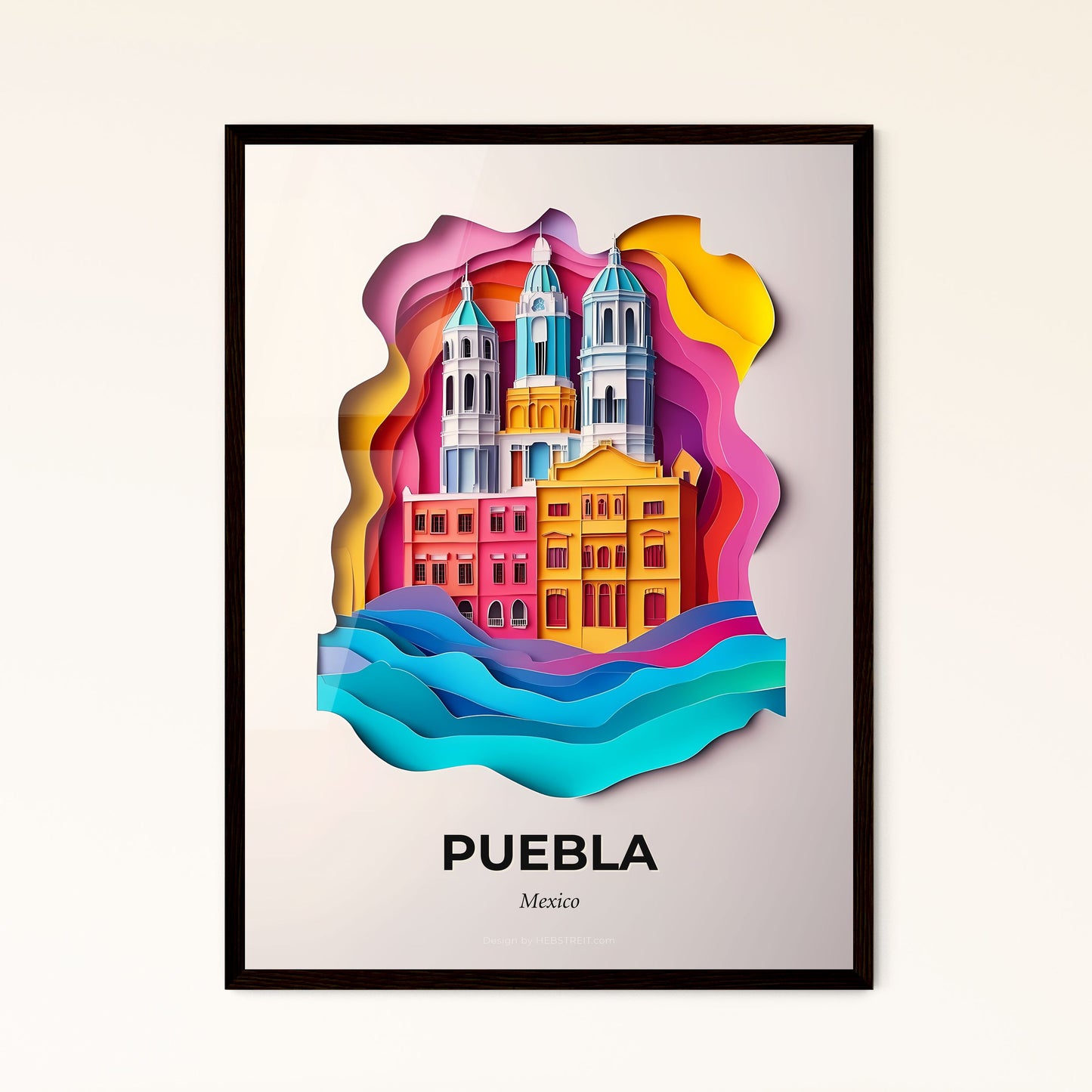 Vivid Puebla, Mexico - a city with a church and a rainbow colored sky