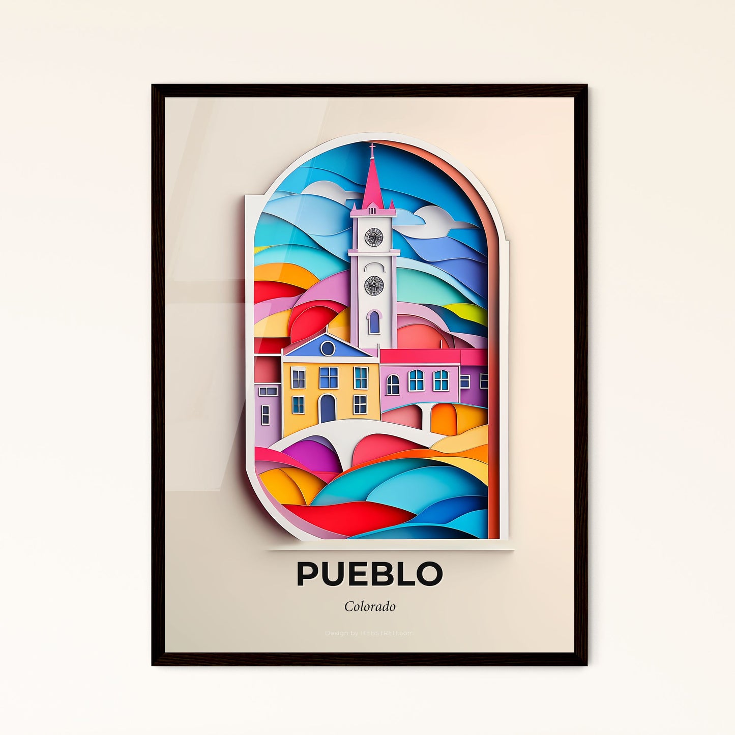 Vivid Pueblo, Colorado - a clock tower in a colorful paper cut style