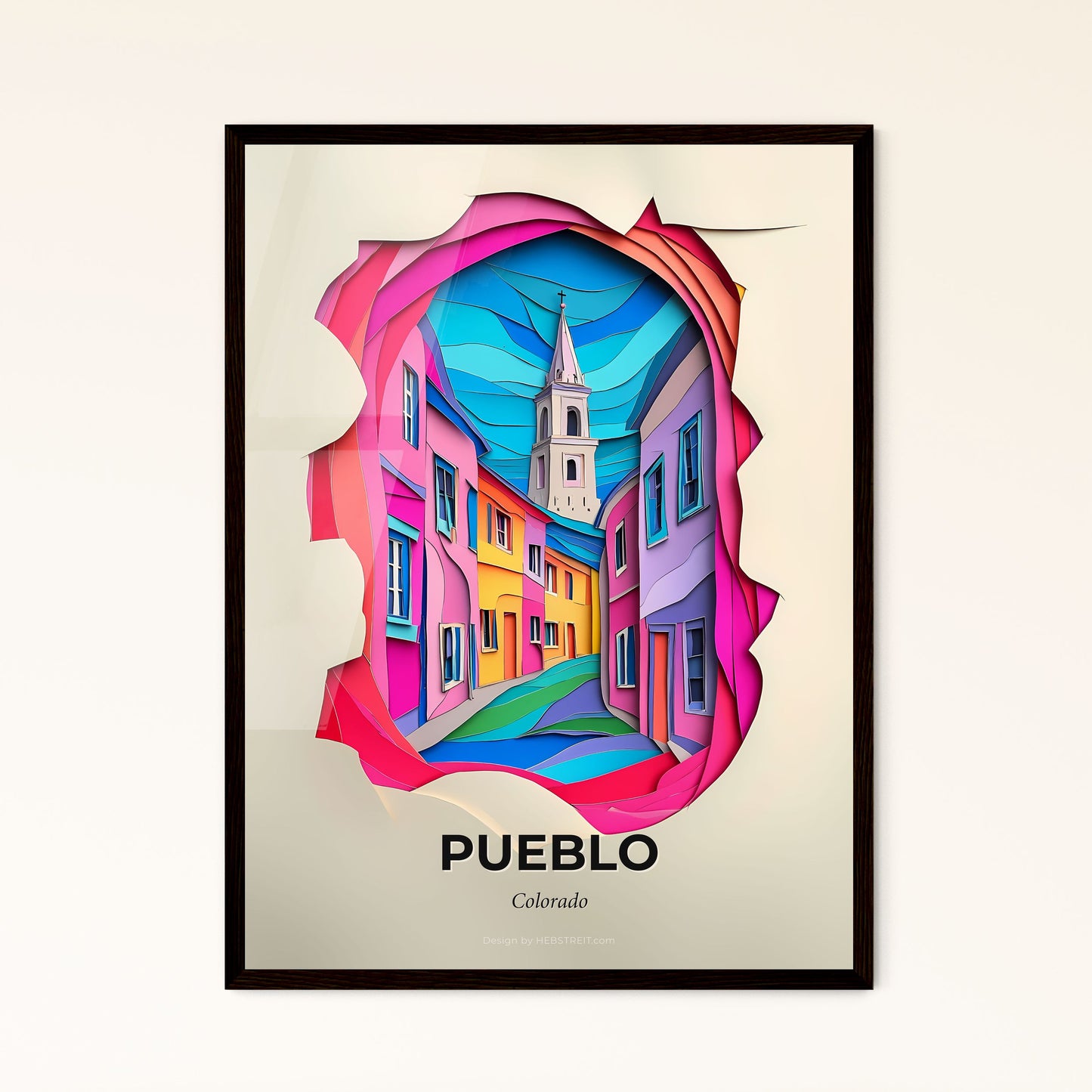 Vivid Pueblo, Colorado - a paper cut of a colorful city with a clock tower