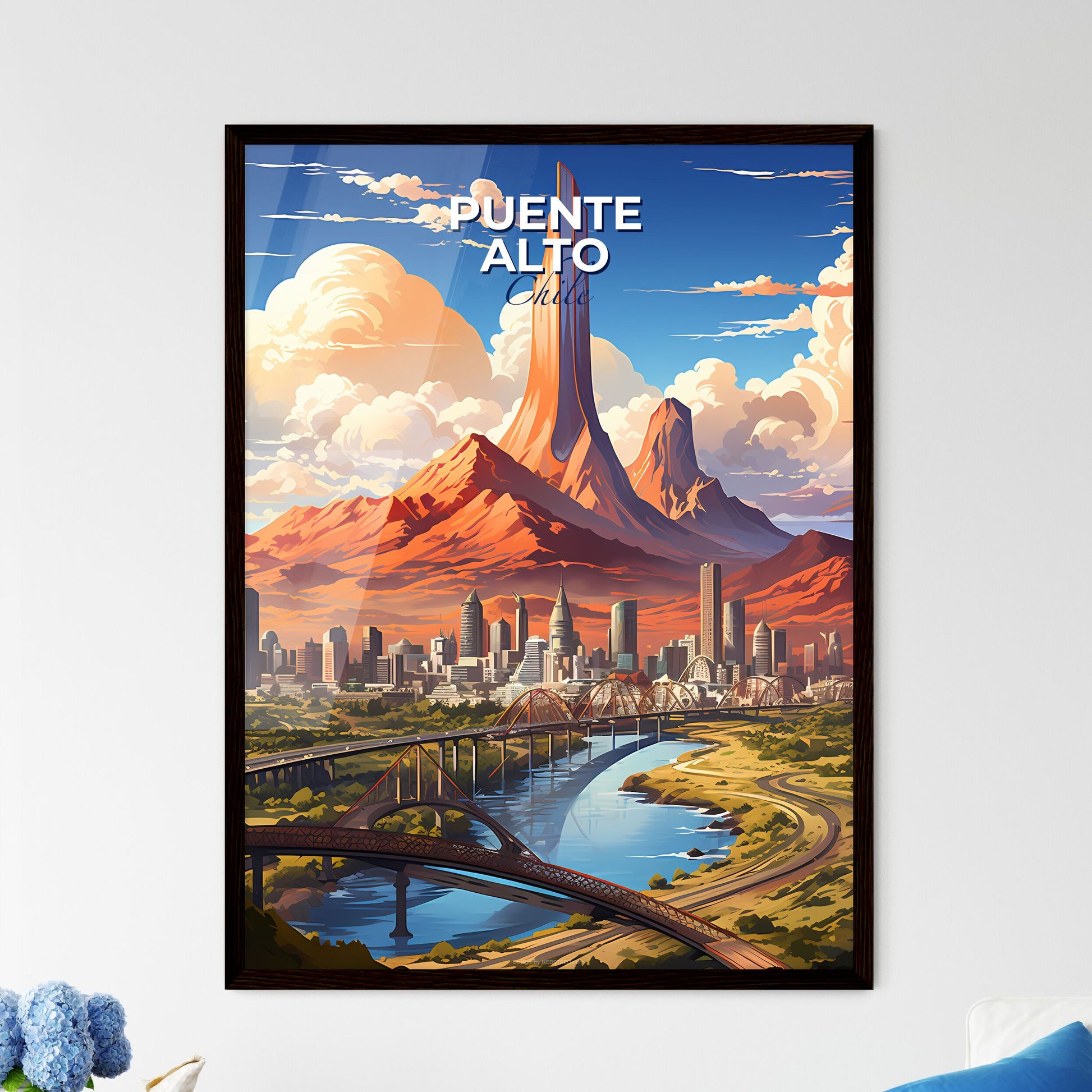 Vibrant Skyline of Puente Alto Chile featuring a Colorful Artistic Impression of a Bridge over a River Default Title