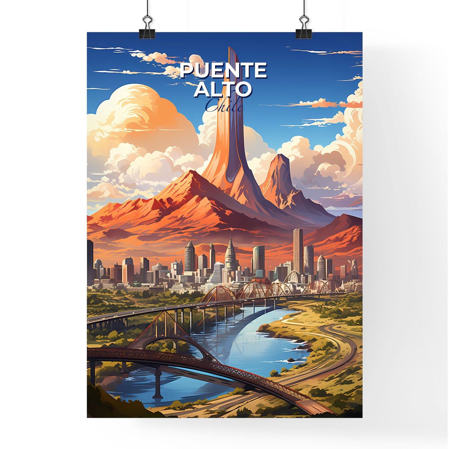 Vibrant Skyline of Puente Alto Chile featuring a Colorful Artistic Impression of a Bridge over a River Default Title