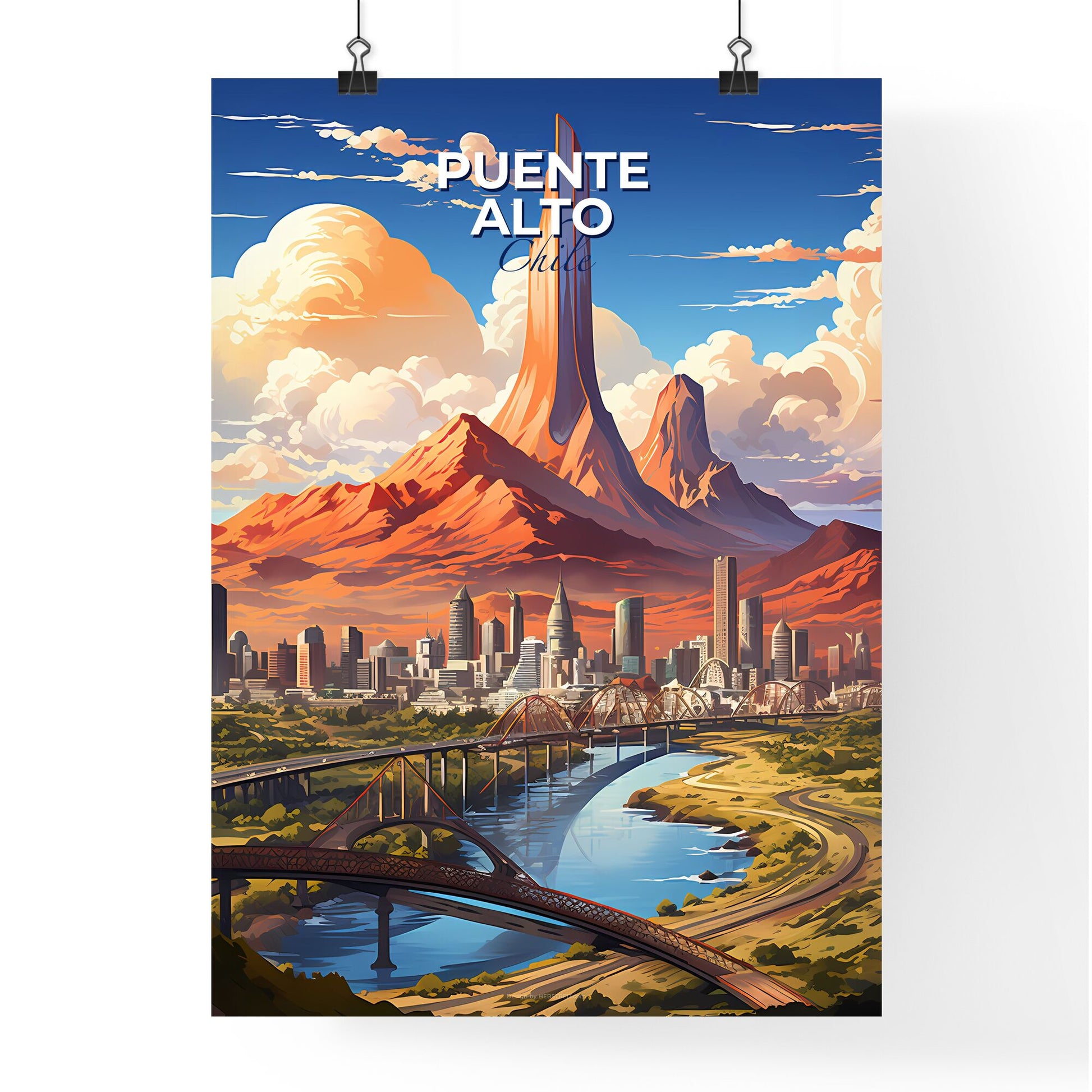 Vibrant Skyline of Puente Alto Chile featuring a Colorful Artistic Impression of a Bridge over a River Default Title