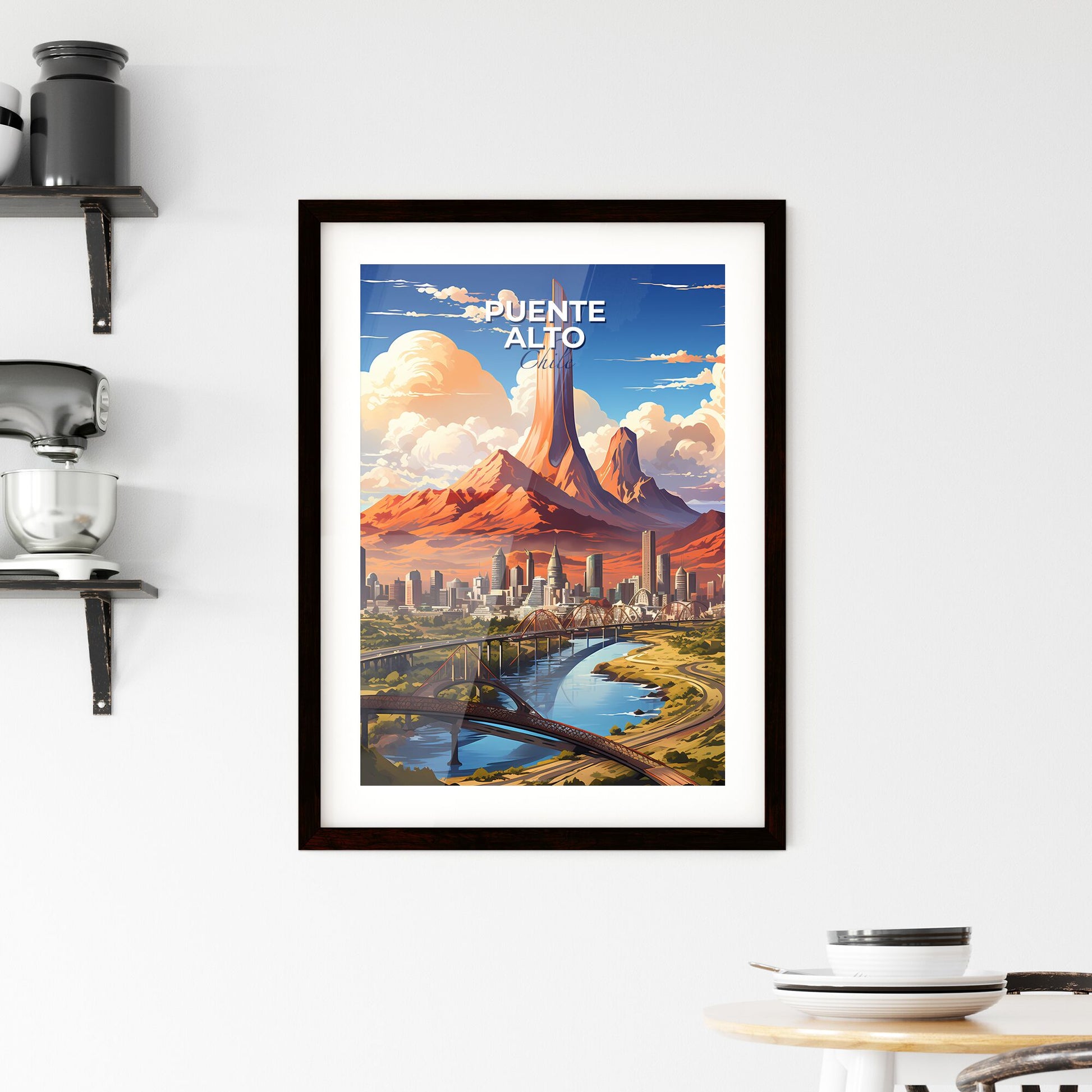 Vibrant Skyline of Puente Alto Chile featuring a Colorful Artistic Impression of a Bridge over a River Default Title